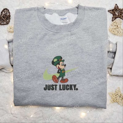 Mickey Just Lucky x Nike Swoosh Embroidered Shirt and Disney Characters Hoodie Best Saint Patrick?s Day Gift Idea | soulcals.com