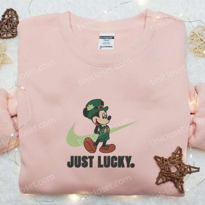Lucky Mickey x Nike Swoosh Embroidered Shirt & Disney Characters Hoodie Perfect Saint Patrick?s Day Gifts | soulcals.com
