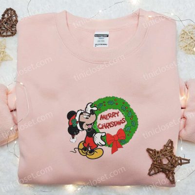 Disney Mickey Merry Christmas Laurel Wreath Shirt Hoodie & Sweatshirt Festive Embroidered Disney Characters | soulcals.com