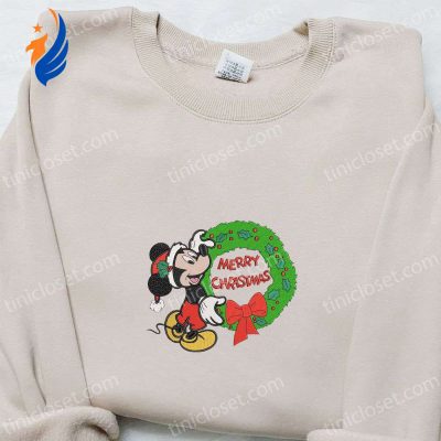Disney Mickey Merry Christmas Laurel Wreath Shirt Hoodie & Sweatshirt Festive Embroidered Disney Characters | soulcals.com