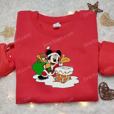 Disney Mickey Santa Chimney Embroidered Shirt & Characters Hoodie Festive Christmas Apparel | soulcals.com