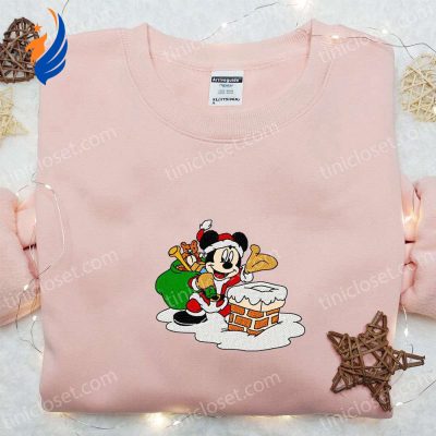 Disney Mickey Santa Chimney Embroidered Shirt & Characters Hoodie Festive Christmas Apparel | soulcals.com