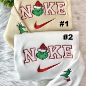 Mrs And Mr Grinch Face Christmas Nike Embroidered Sweatshirt, Christmas Gift for Couple| soulcals.com