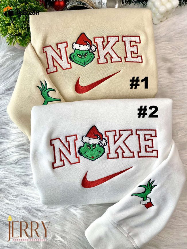 Mrs And Mr Grinch Face Christmas Nike Embroidered Sweatshirt, Christmas Gift for Couple| soulcals.com