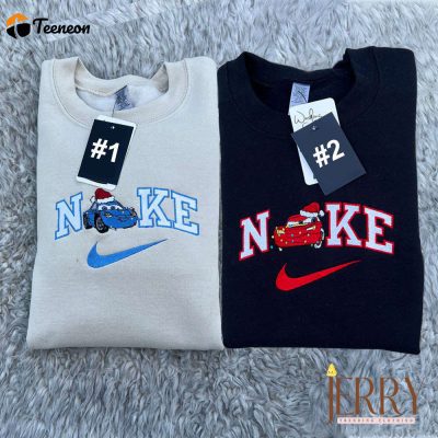 Sally And Mcqueen Cars Christmas Disney Nike Embroidered Sweatshirt| soulcals.com