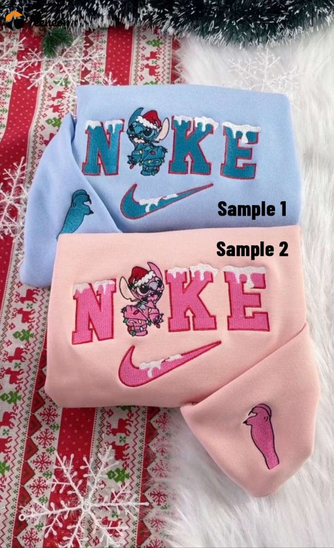 Stitch And Angel Disney Christmas Nike Embroidered Sweatshirts| soulcals.com