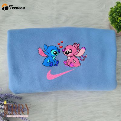 Stitch and Angel In Love Disney Nike Embroidered Sweatshirt| soulcals.com