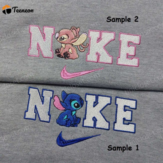 Stitch Angel Nike Embroidered Shirt, Customized Couple Shirt Unique Nike Embroidery| soulcals.com
