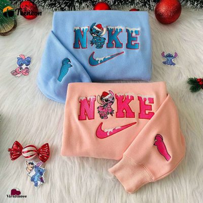 Stitch Christmas Nike Embroidered Sweatshirt Cozy Couple s Nike Embroidery Sweaters| soulcals.com