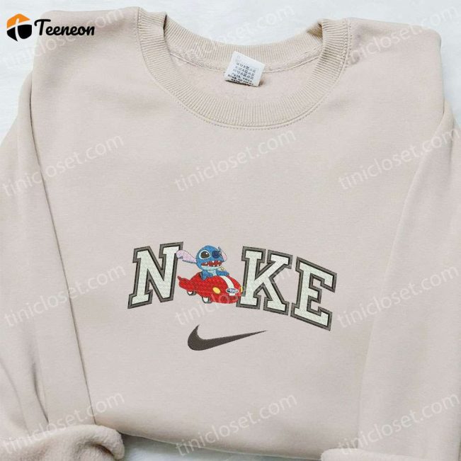Stitch Driving Car x Nike Embroidered Shirt Disney Characters Hoodie & Nike Inspired Sweatshirt Unique and Stylish Embroidered Apparel| soulcals.com