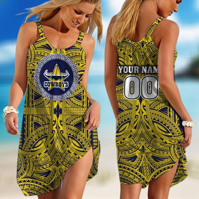 Personalized  North Queensland Cowboys NRL Polynesian Sleeveless Summer Beach Sundress for Women