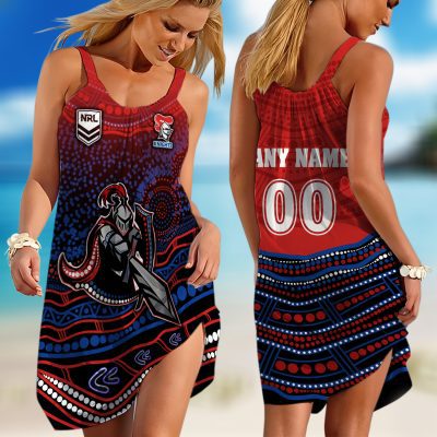 Personalized NRL Newcastle Knights Specialized Indigenous Concept With Team Mascot Sleeveless Summer Beach Sundress for Women
