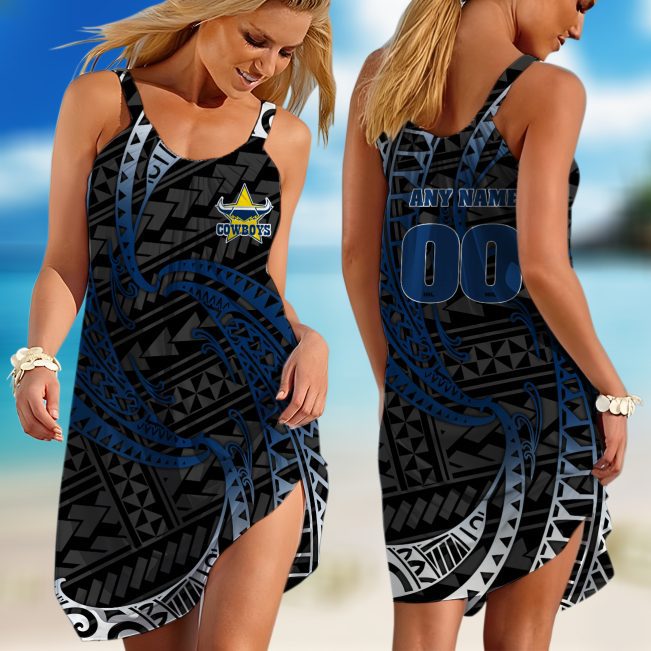 Personalized  North Queensland Cowboys NRL Special Polynesian Design Sleeveless Summer Beach Sundress for Women