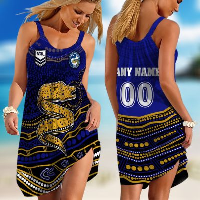 Personalized NRL Cronulla-Sutherland Sharks Special Indigenous Design 2023 Sleeveless Summer Beach Sundress for Women