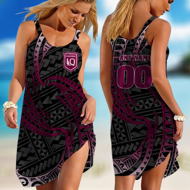 Personalized  QLD Maroons State Of Origin Special Polynesian Design Sleeveless Summer Beach Sundress for Women