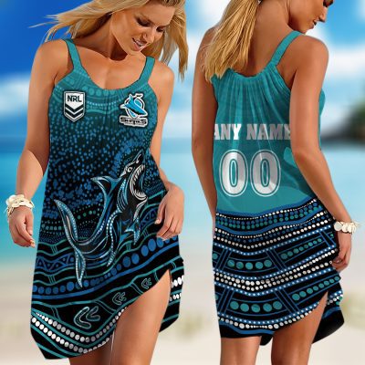 Personalized NRL Cronulla-Sutherland Sharks Special Indigenous Design 2023 Sleeveless Summer Beach Sundress for Women