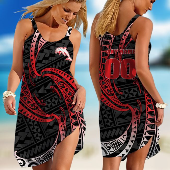 Personalized  Dolphins NRL Special Polynesian Design Sleeveless Summer Beach Sundress for Women