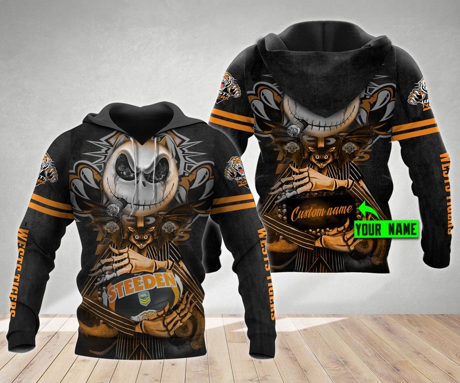 NRL Wests Tigers Custom Name Jack Skellington Pullover Hoodie NRL Wests Tigers Custom Name Jack Skellington Pullover Hoodie