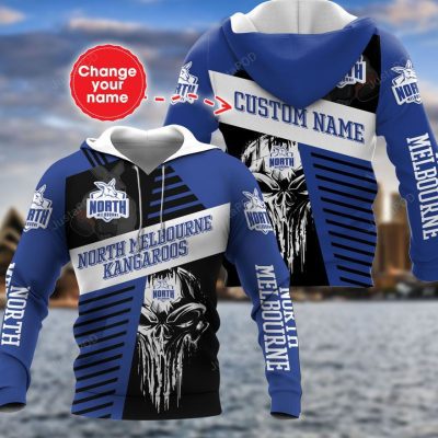 AFL North Melbourne Kangaroos Custom Name Skull Pullover Hoodie