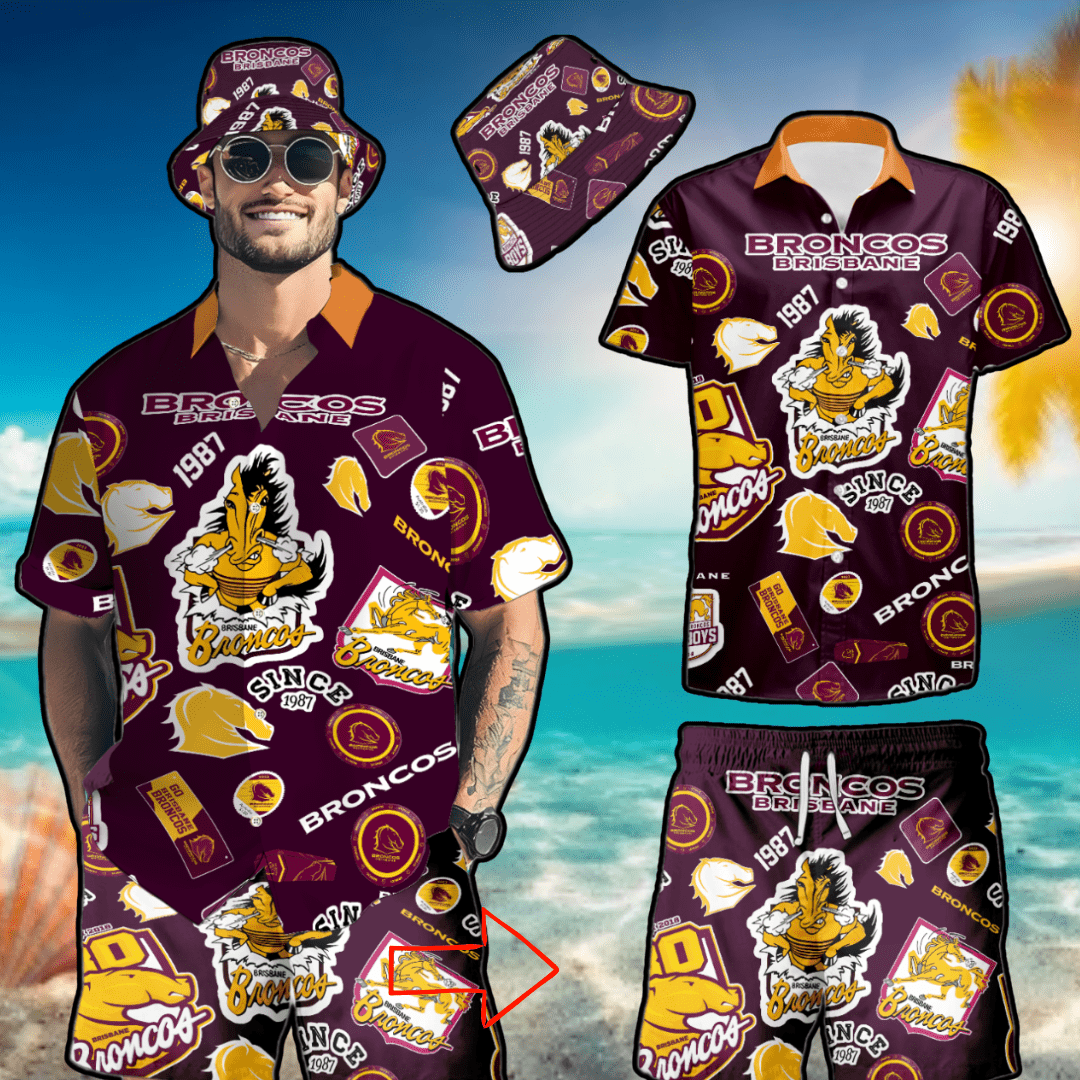 Brisbane Broncos Aloha Set – Hawaiian Shirt, Beach Shorts & Bucket Hat Brisbane Broncos Aloha Set – Hawaiian Shirt, Beach Shorts & Bucket Hat