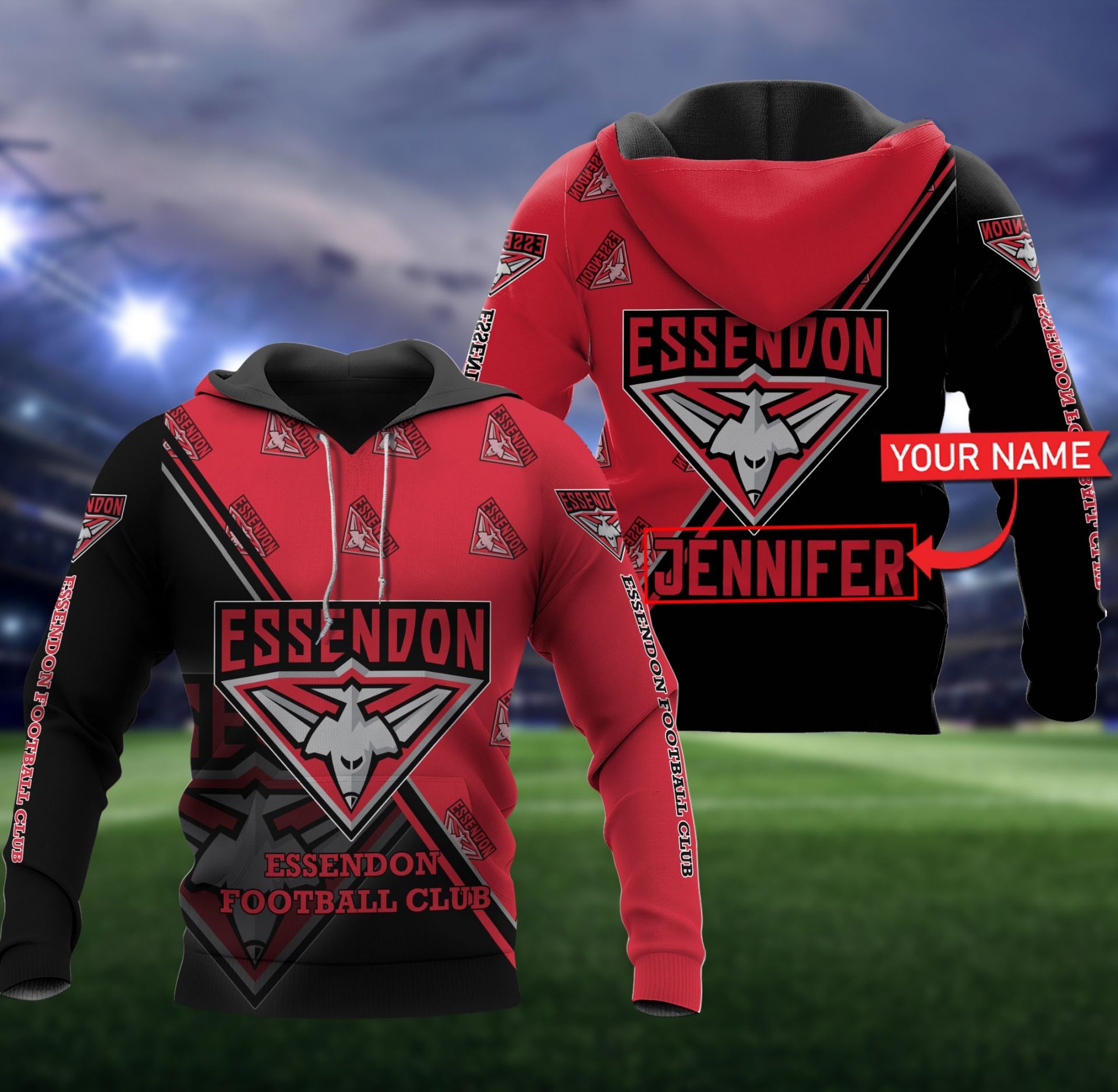 AFL Essendon Bombers Custom Name Red Black Pullover Hoodie AFL Essendon Bombers Custom Name Red Black Pullover Hoodie