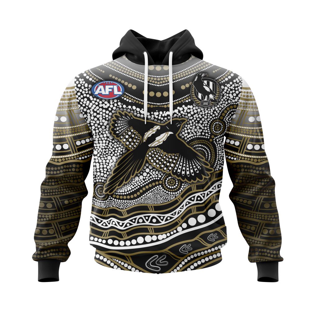 AFL Collingwood Magpies Custom Name Number Indigenous Mascot Pullover Hoodie AFL Collingwood Magpies Custom Name Number Indigenous Mascot Pullover Hoodie