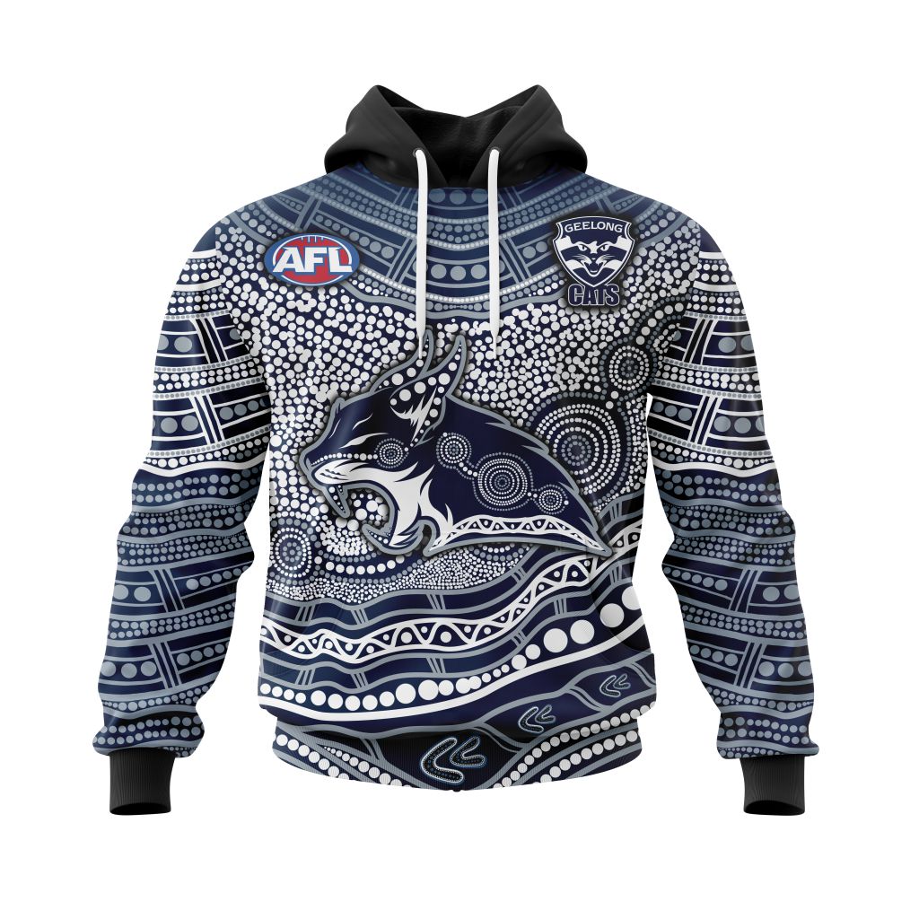 AFL Geelong Cats Custom Name Number Indigenous Mascot Pullover Hoodie AFL Geelong Cats Custom Name Number Indigenous Mascot Pullover Hoodie