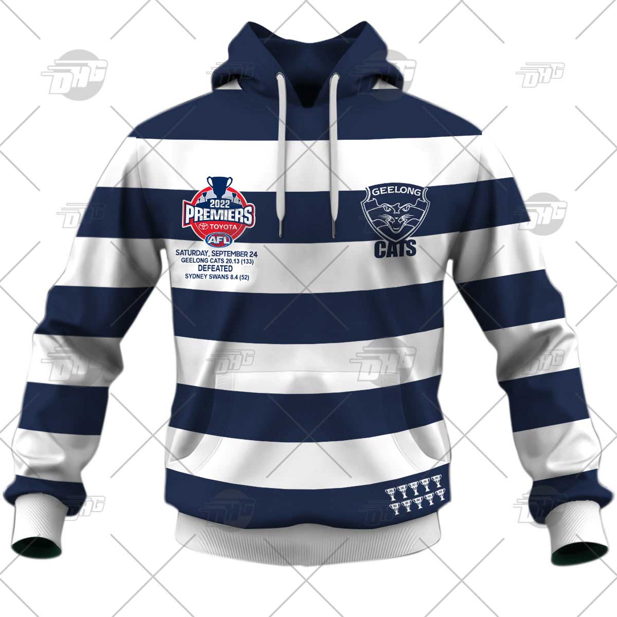 AFL Geelong Cats Premiers 2022 White Blue Pullover Hoodie AFL Geelong Cats Premiers 2022 White Blue Pullover Hoodie