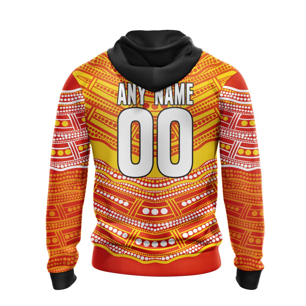 AFL Gold Coast Suns Custom Name Number Indigenous Mascot Pullover Hoodie AFL Gold Coast Suns Custom Name Number Indigenous Mascot Pullover Hoodie