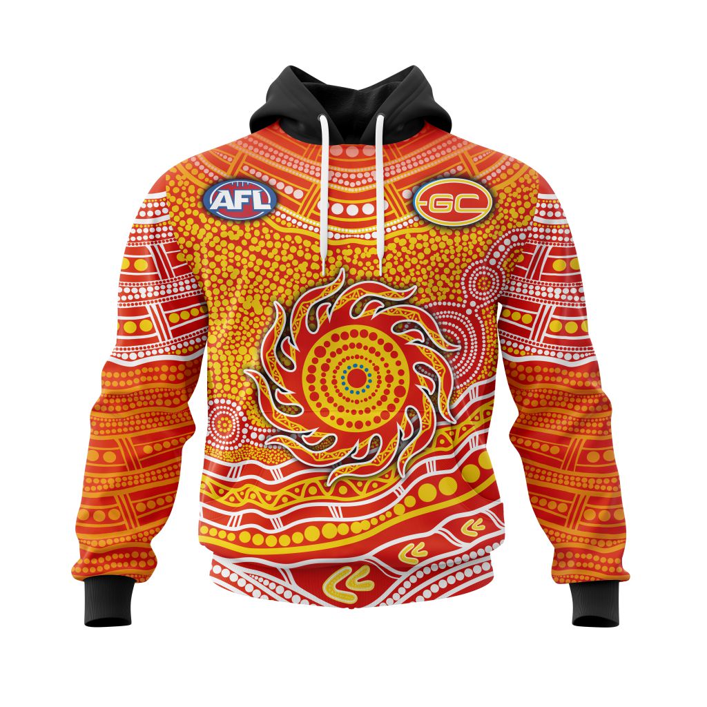 AFL Gold Coast Suns Custom Name Number Indigenous Mascot Pullover Hoodie AFL Gold Coast Suns Custom Name Number Indigenous Mascot Pullover Hoodie