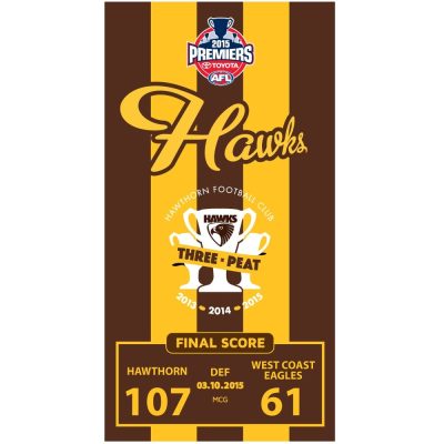 AFL Hawthorn Hawks Brown Yellow Premiers 2015 Three Peat Beach Towel V4