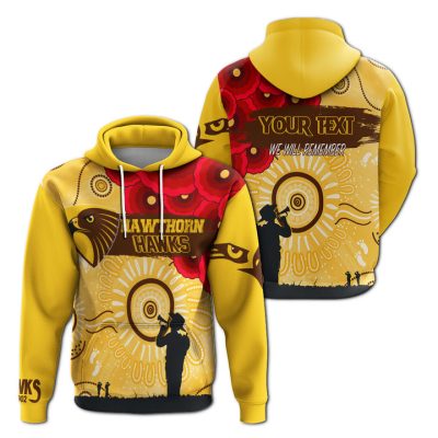 AFL Hawthorn Hawks Custom Name Indigenous ANZAC Day Gold Pullover Hoodie