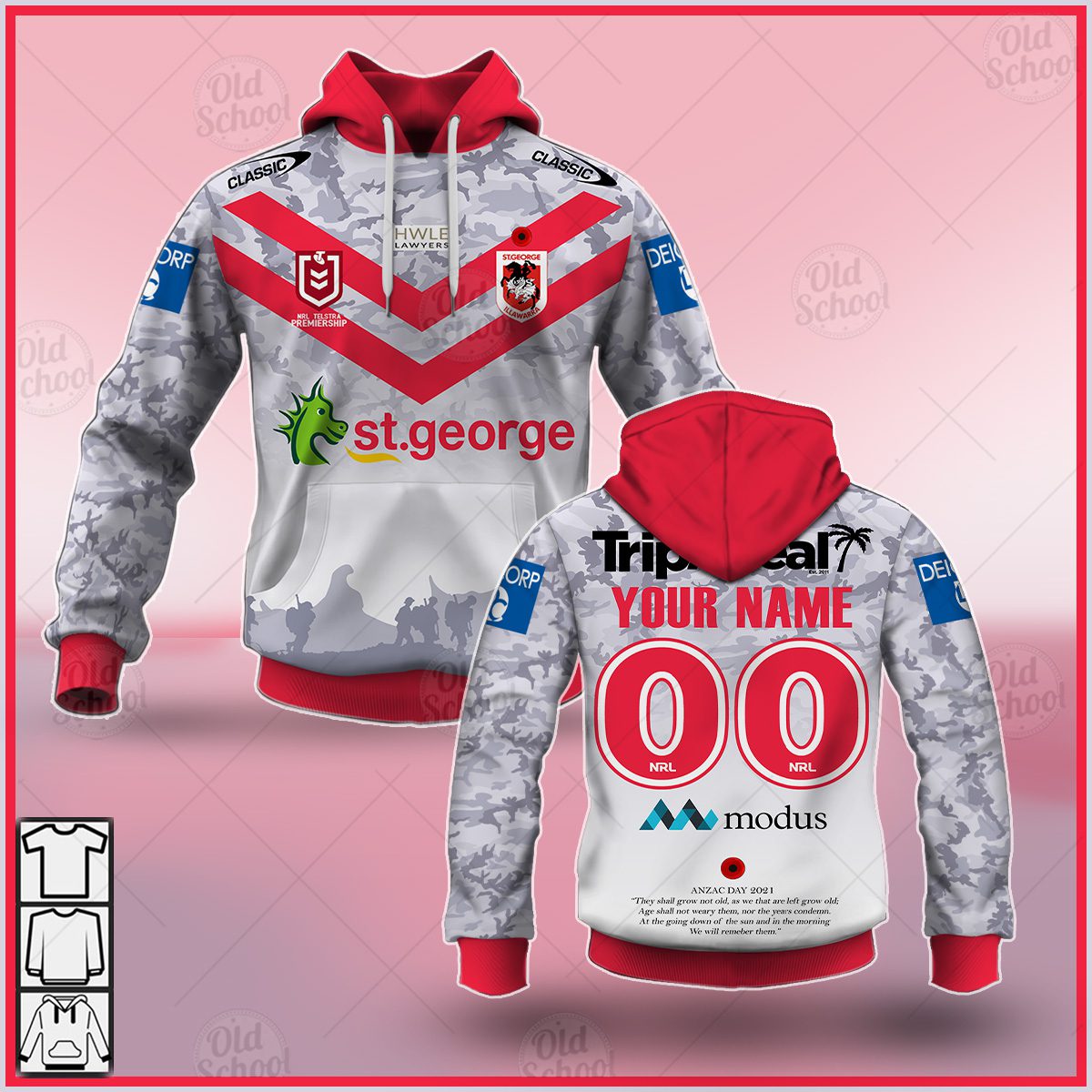 NRL St. George Illawarra Dragons Custom Name Number 2021 ANZAC Pullover Hoodie NRL St. George Illawarra Dragons Custom Name Number 2021 ANZAC Pullover Hoodie