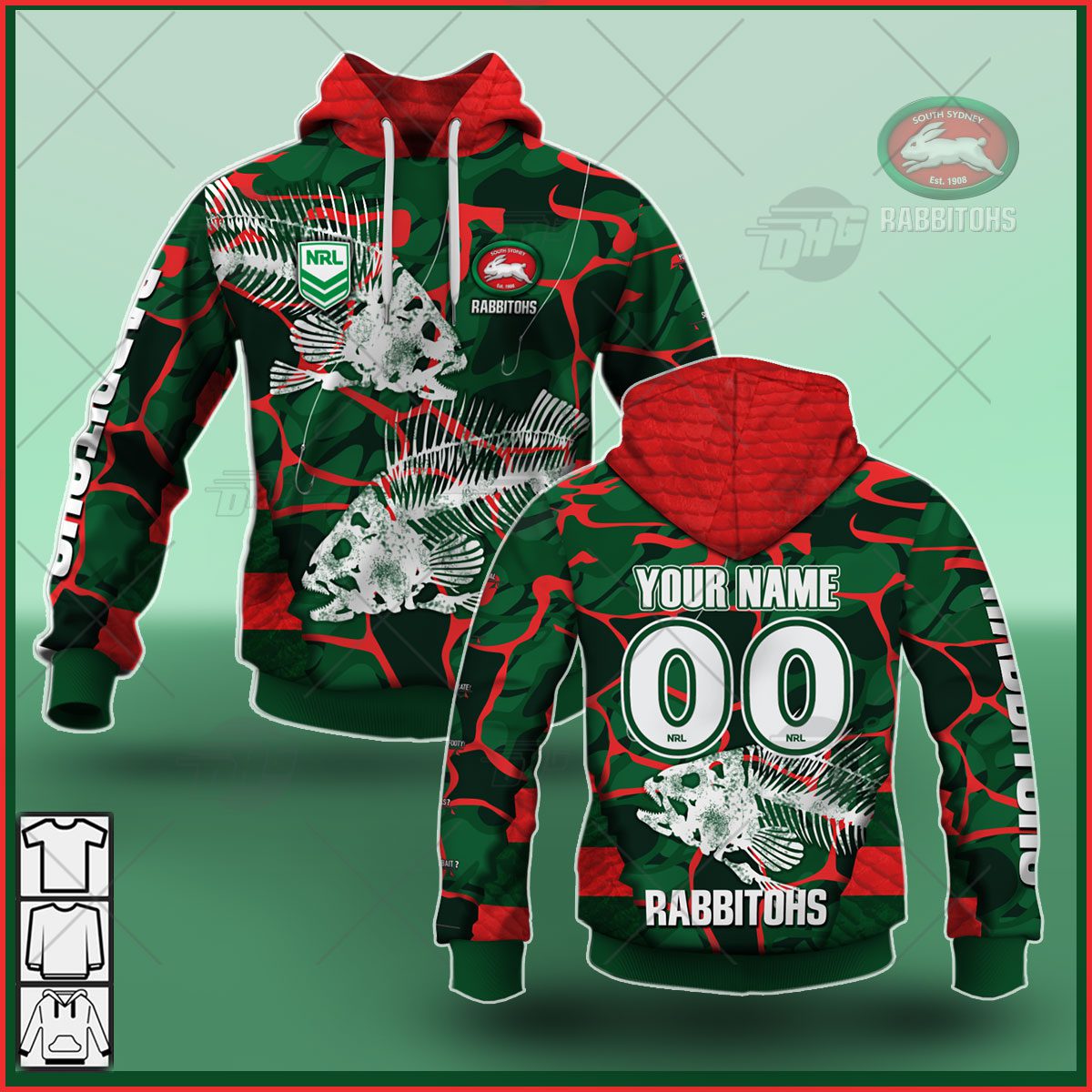 NRL South Sydney Rabbitohs Custom Name Number 2021 Fishing Pullover Hoodie NRL South Sydney Rabbitohs Custom Name Number 2021 Fishing Pullover Hoodie