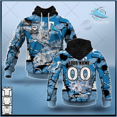 NRL Cronulla-Sutherland Sharks Custom Name Number Fishing Pullover Hoodie