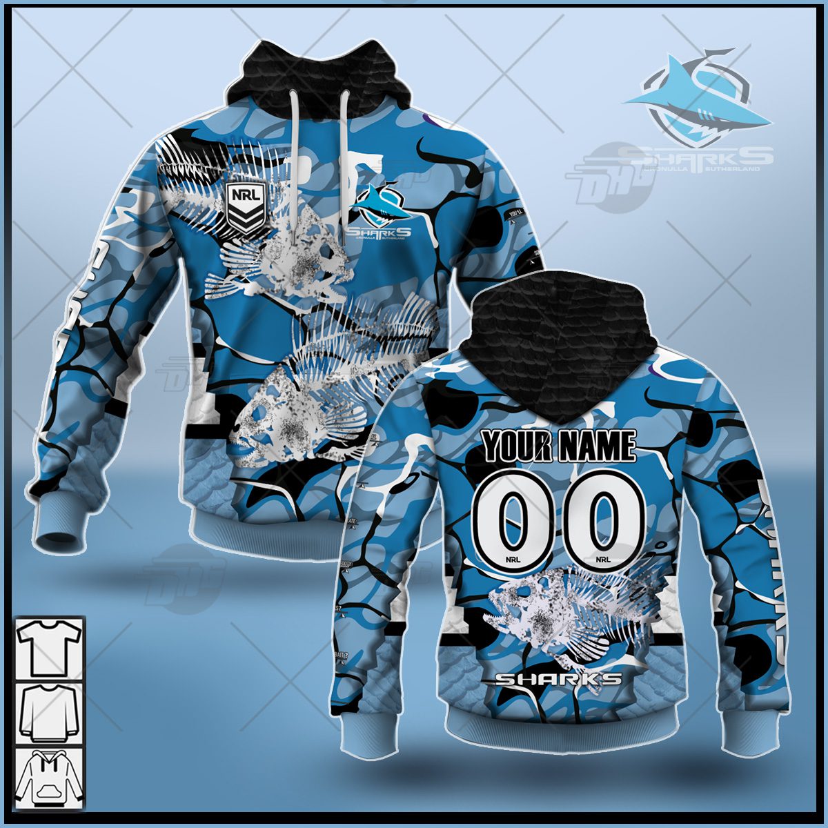 NRL Cronulla-Sutherland Sharks Custom Name Number Fishing Pullover Hoodie NRL Cronulla-Sutherland Sharks Custom Name Number Fishing Pullover Hoodie