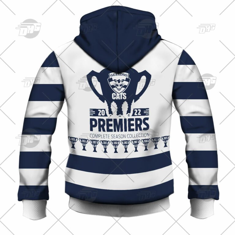 AFL Geelong Cats Premiers 2022 White Blue Pullover Hoodie AFL Geelong Cats Premiers 2022 White Blue Pullover Hoodie
