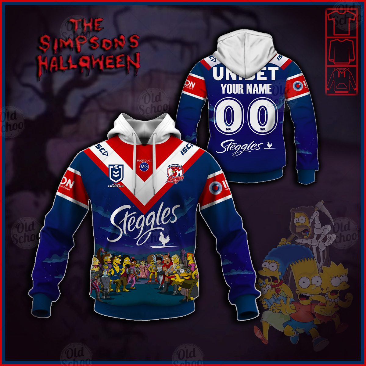 NRL Sydney Roosters Custom Name Number x The Simpsons 2020 Halloween Pullover Hoodie NRL Sydney Roosters Custom Name Number x The Simpsons 2020 Halloween Pullover Hoodie