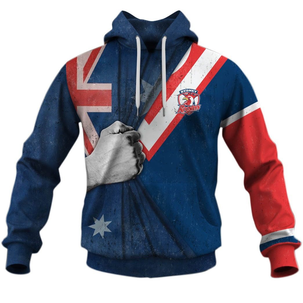 NRL Sydney Roosters Custom Name Number Australian Flag Pullover Hoodie NRL Sydney Roosters Custom Name Number Australian Flag Pullover Hoodie