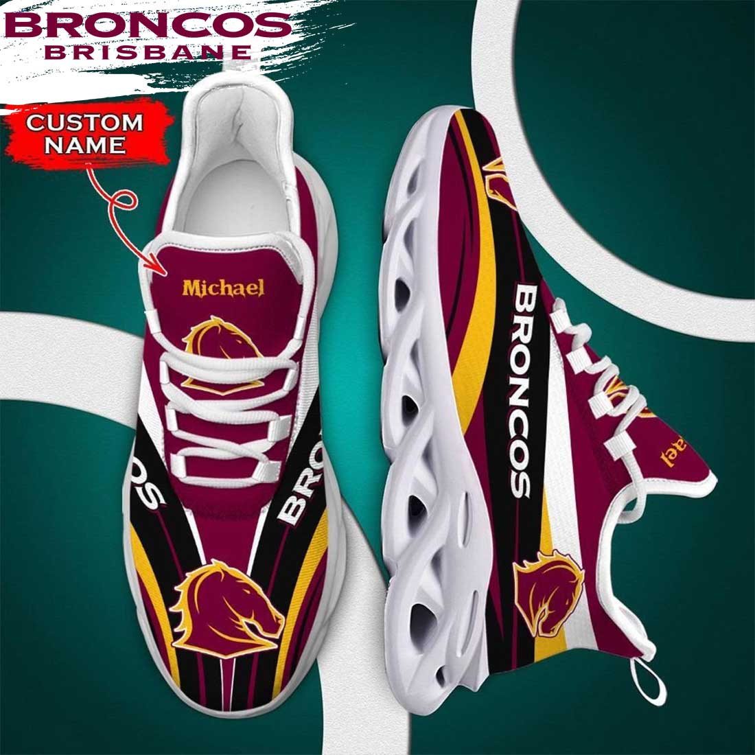 NRL Brisbane Broncos Custom Name Maroon Black Max Soul Shoes V2 NRL Brisbane Broncos Custom Name Maroon Black Max Soul Shoes V2