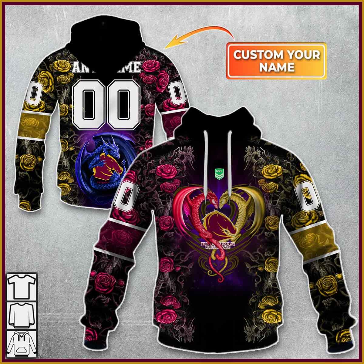 NRL Brisbane Broncos Custom Name Number Rose Dragon Pullover Hoodie NRL Brisbane Broncos Custom Name Number Rose Dragon Pullover Hoodie