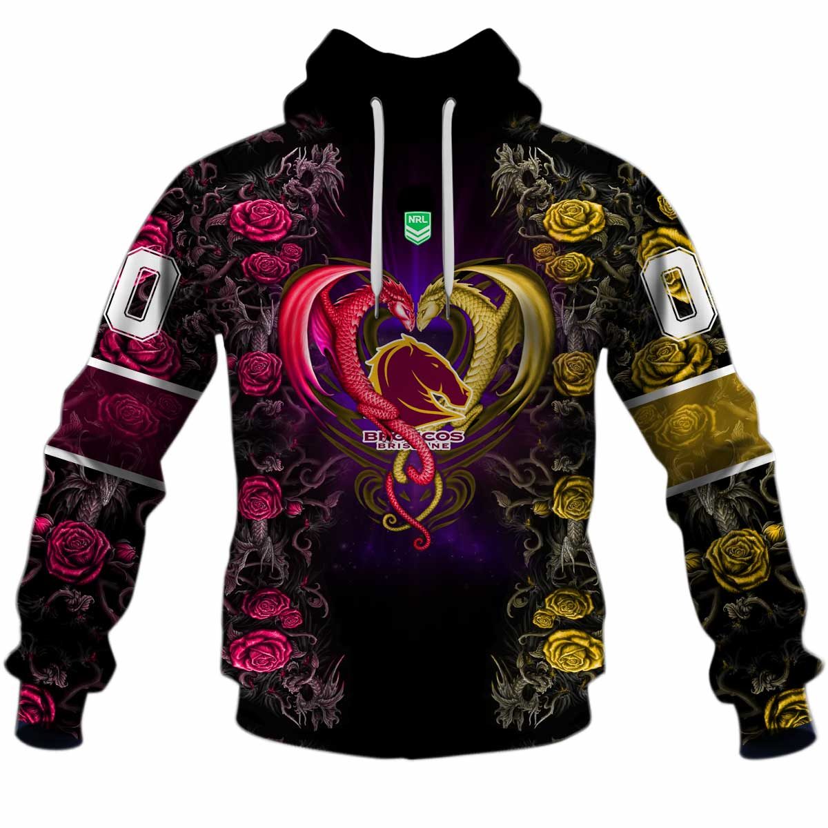 NRL Brisbane Broncos Custom Name Number Rose Dragon Pullover Hoodie NRL Brisbane Broncos Custom Name Number Rose Dragon Pullover Hoodie
