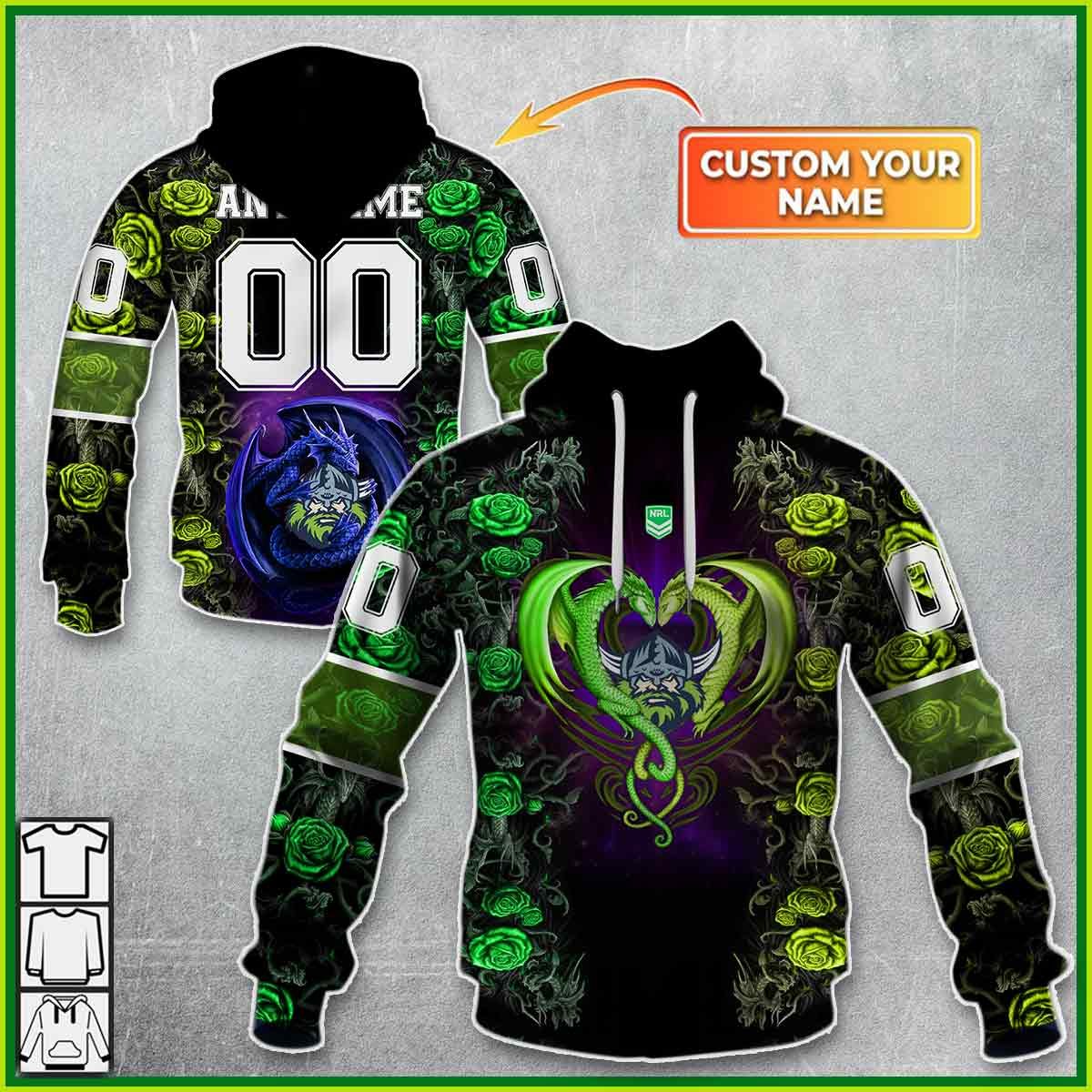 NRL Canberra Raiders Custom Name Number Rose Dragon Pullover Hoodie NRL Canberra Raiders Custom Name Number Rose Dragon Pullover Hoodie