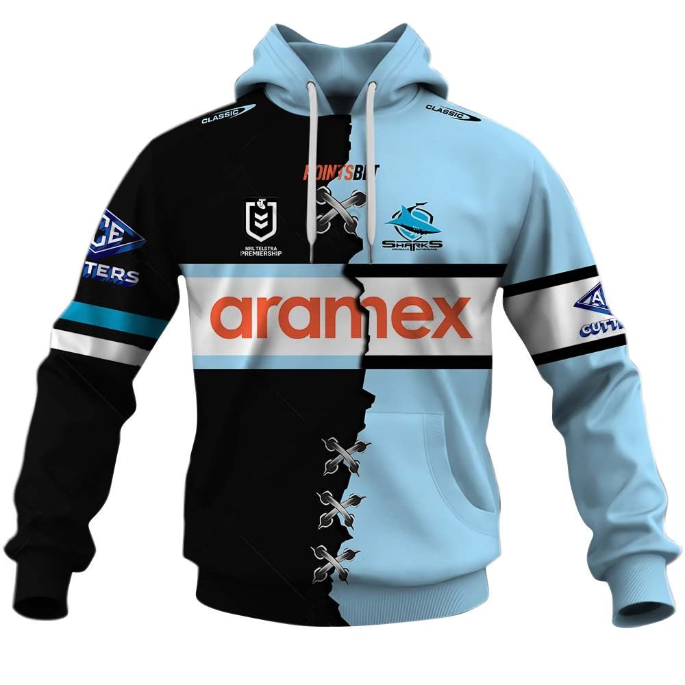 NRL Cronulla-Sutherland Sharks Custom Name Number 2023 Mix Jersey V2 Pullover Hoodie NRL Cronulla-Sutherland Sharks Custom Name Number 2023 Mix Jersey V2 Pullover Hoodie