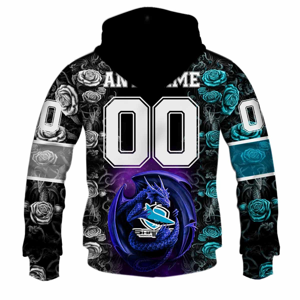 NRL Cronulla-Sutherland Sharks Custom Name Number Rose Dragon Pullover Hoodie NRL Cronulla-Sutherland Sharks Custom Name Number Rose Dragon Pullover Hoodie