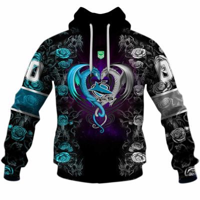 NRL Cronulla-Sutherland Sharks Custom Name Number Rose Dragon Pullover Hoodie