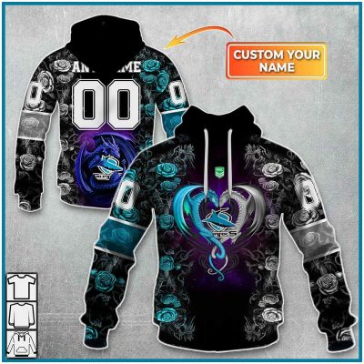 NRL Cronulla-Sutherland Sharks Custom Name Number Rose Dragon Pullover Hoodie