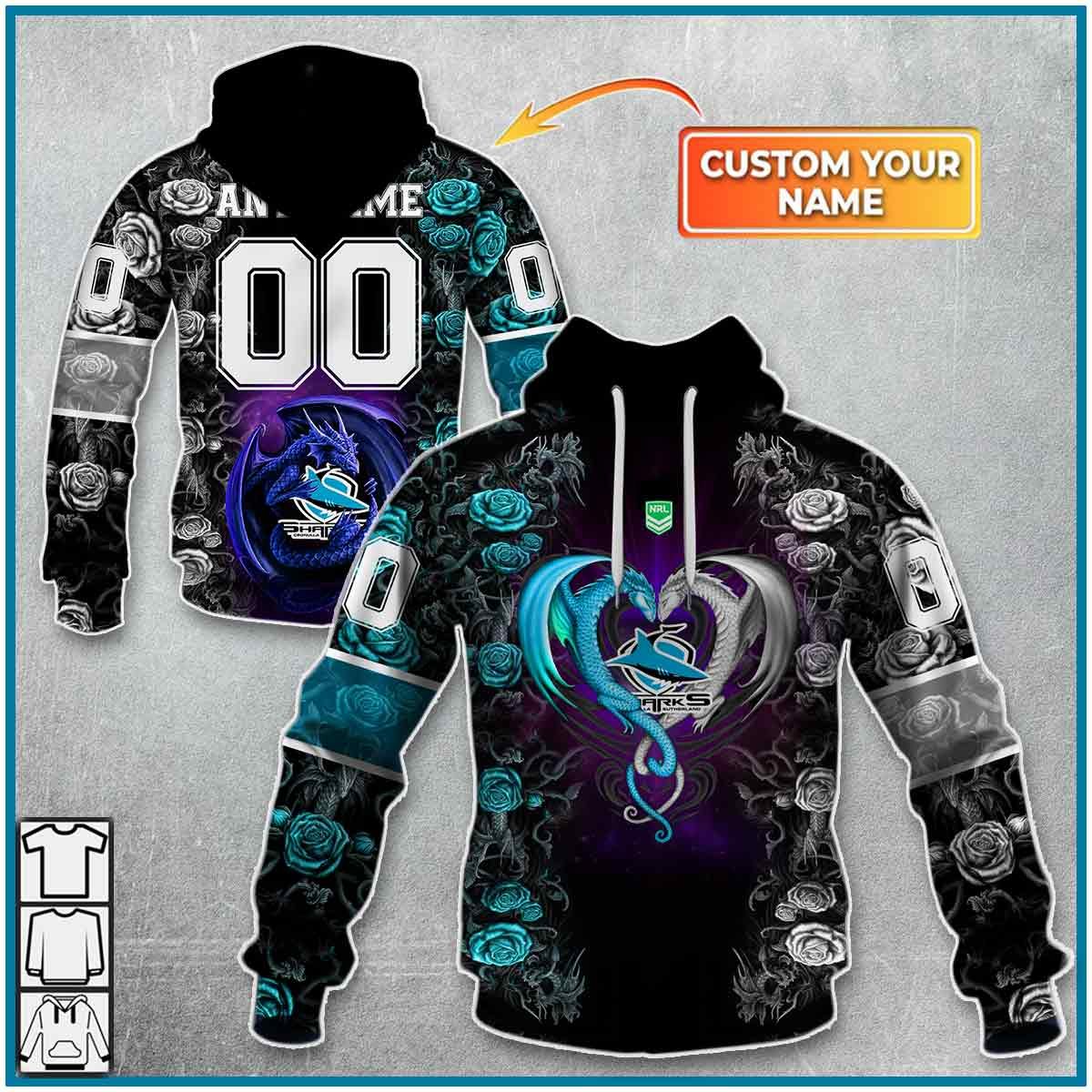 NRL Cronulla-Sutherland Sharks Custom Name Number Rose Dragon Pullover Hoodie NRL Cronulla-Sutherland Sharks Custom Name Number Rose Dragon Pullover Hoodie