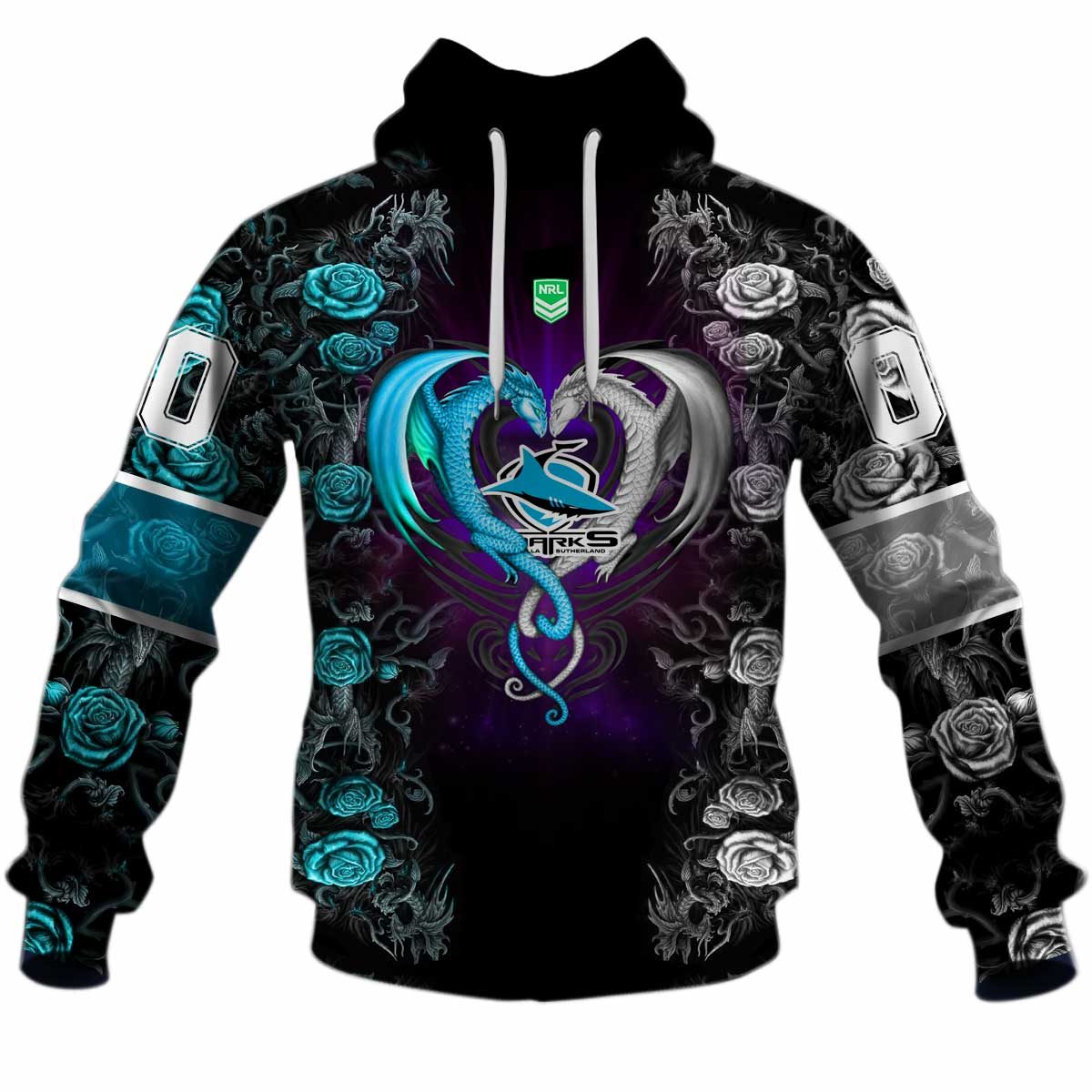 NRL Cronulla-Sutherland Sharks Custom Name Number Rose Dragon Pullover Hoodie NRL Cronulla-Sutherland Sharks Custom Name Number Rose Dragon Pullover Hoodie