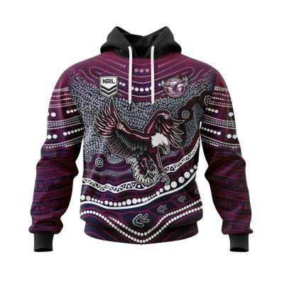 NRL Manly Warringah Sea Eagles Custom Name Number Indigenous Mascot Pullover Hoodie